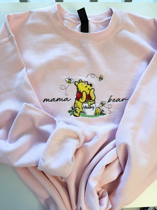 Mama Bear Winnie the Pooh Sweatshirt – Cute Embroidered Crewneck – Gift for Moms – Cozy Mother's Day Hoodie – Pastel Cottagecore Aesthetic